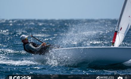 Building Adelaide breeze a handful on Day 2 of ILCA Masters Worlds